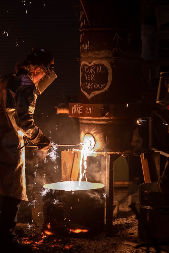 A worker pours molten metal in an industrial setting at night, showcasing sparks and glowing heat.